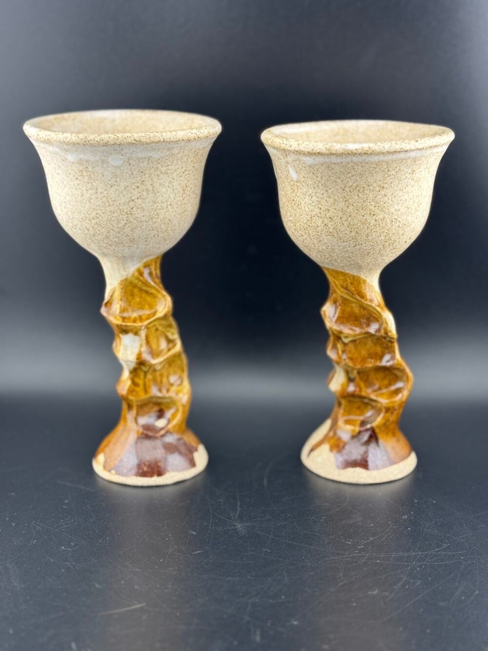 Pair of Handmade Glazed Pottery Wine Goblets, Pair